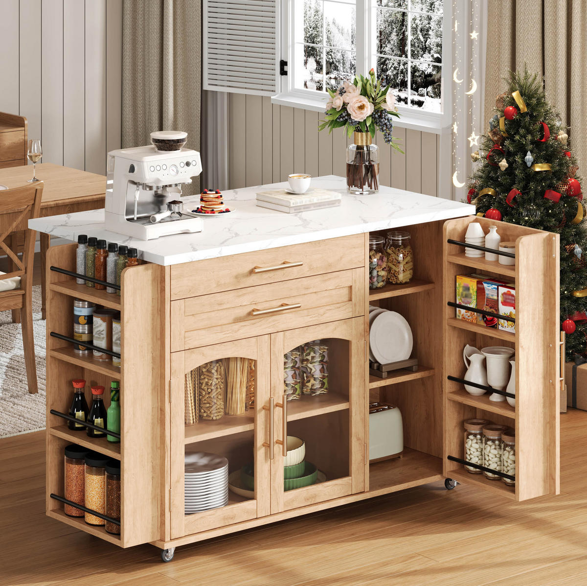 KÜCHENINSEL mit Klappplatte auf Rollen 138 x 70 x 90 cm Natural - Naturfarben, Holz (70/90/138cm) - Beauniv