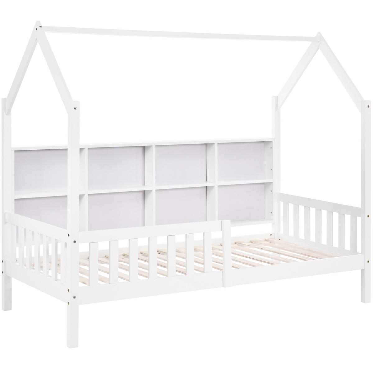HAUSBETT 90/200 cm in Weiß – aus Kiefer massiv mit Stauraum und Regal - Weiß, Holz (90/200cm) - BEAOK