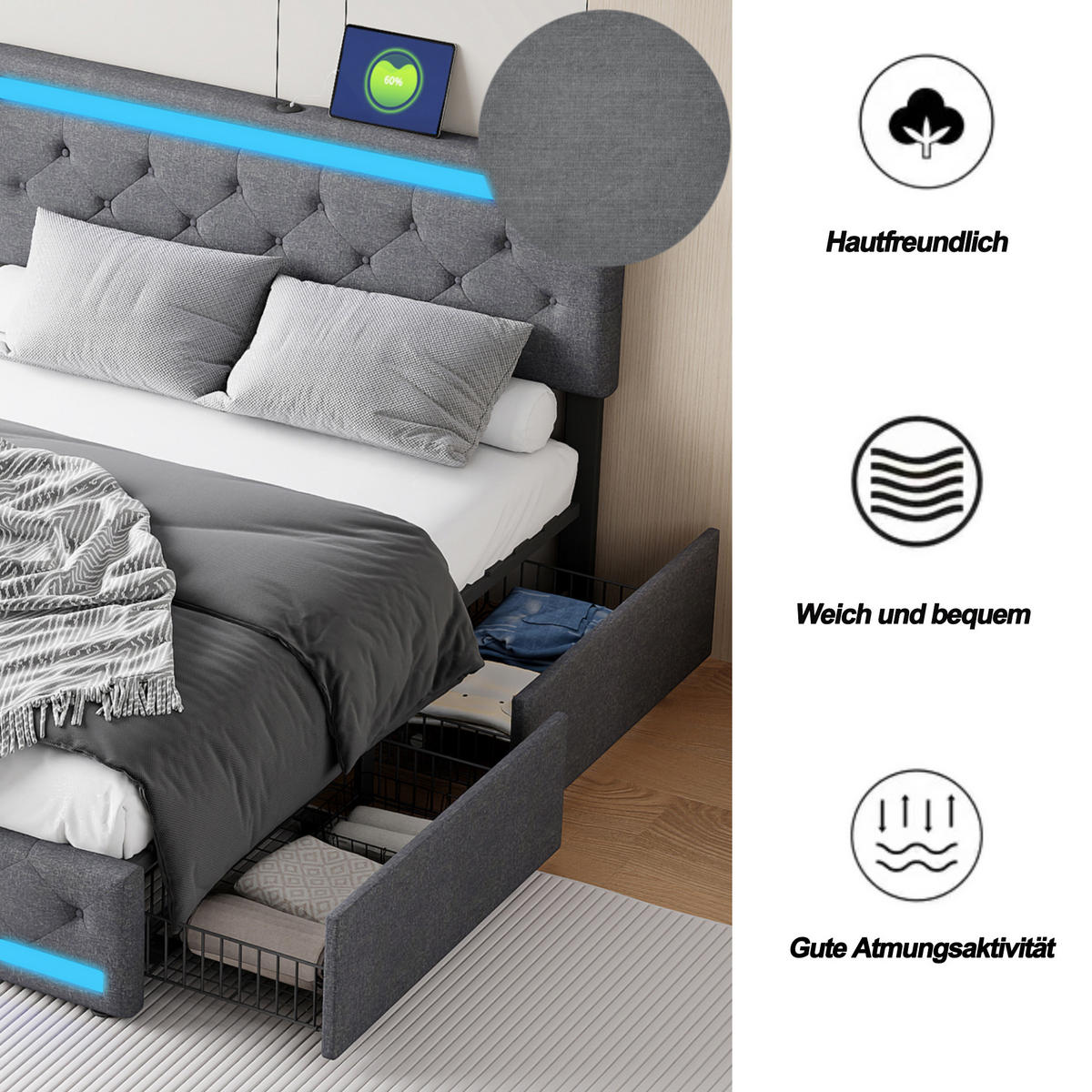 POLSTERBETT 140x190 cm mit RGB-LED-Beleuchtung, USB-Ladestation und 4 Schubladen, Dunkelgrau - Grau, Textil (140/190cm) - DELFA