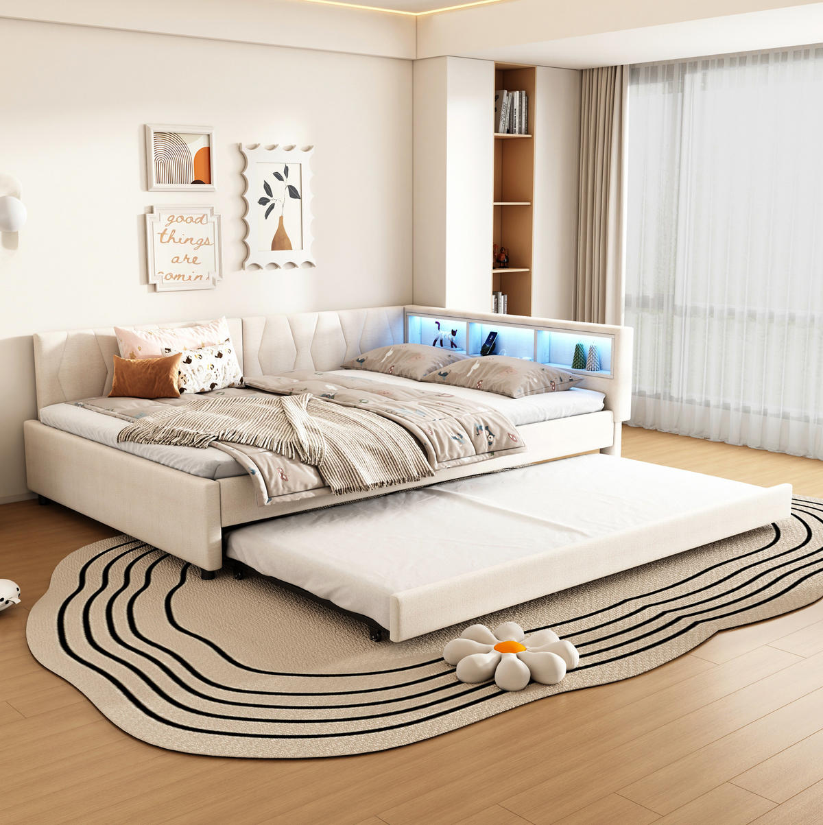 DENNÍ postel 140/200 cm béžová z lnu a MDF s USB-C nabíjením, LED světlem a úložným čelem - béžová, textil (140/200cm) - OKWISH
