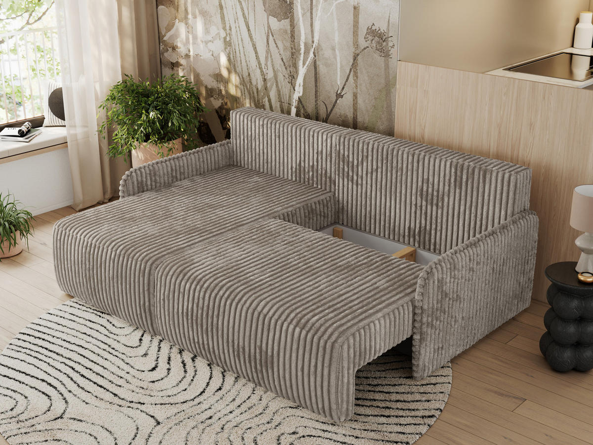 ECKSCHLAFSOFA ARPA L Hellbraun Cord - links - Hellbraun/Schwarz, Kunststoff/Textil (198/150cm) - MKS