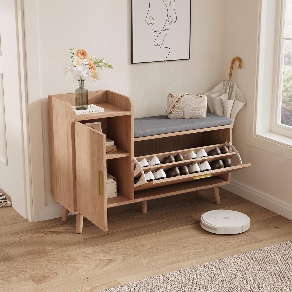 SCHUHSCHRANK Schwarz Mit Sitzbank, Klappschubladen & Stauraum - Schwarz, Holz (30/69.5/100cm)