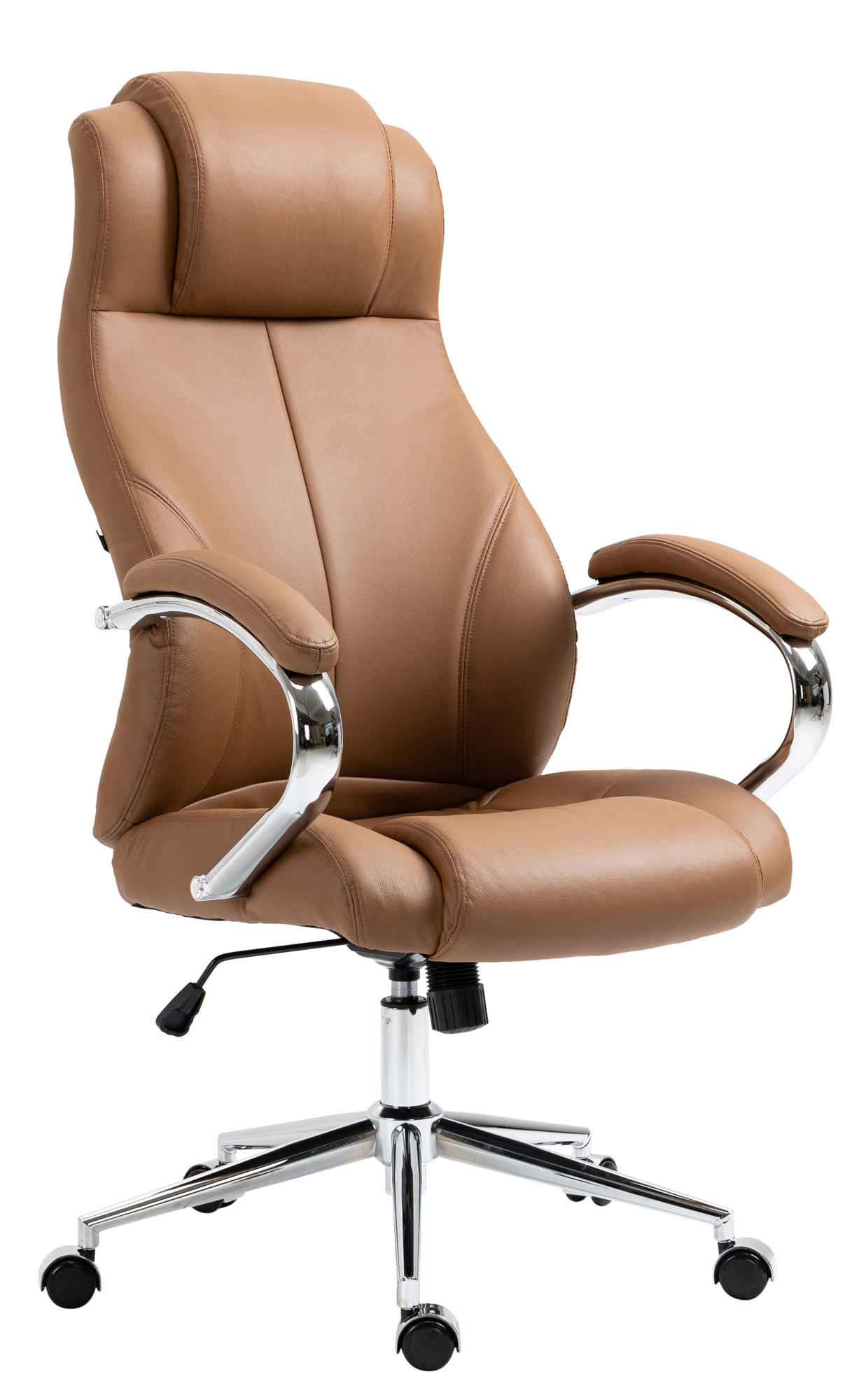 CHEFSESSEL Echtleder hellbraun - Chromfarben/Hellbraun, Leder/Metall (64/120/79cm) - CLP