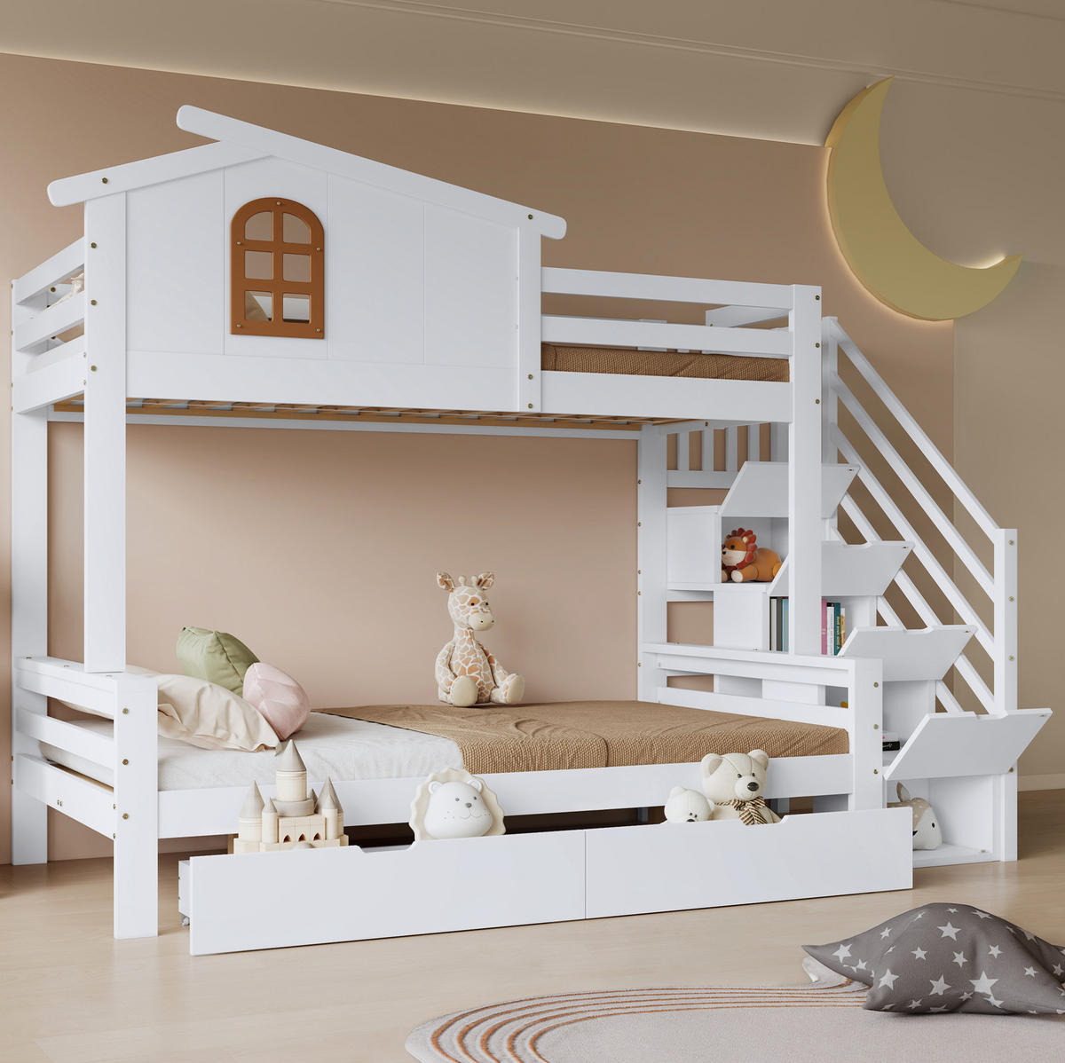 ETAGENBETT 90/200 cm aus Kiefer, MDF und Sperrholz mit Schubladen, Weiß/Natur - Naturfarben, Holz (90/200cm) - OKMYHOME