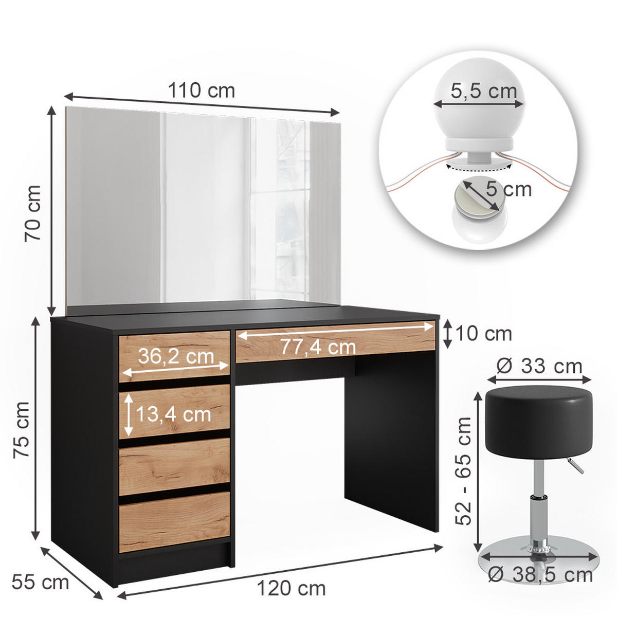 SCHMINKTISCH Sherry Anthrazit/Goldkraft Eiche 120 x 75 cm mit LED-Beleuchtung und Hocker - Honigeiche/Anthrazit, Holzwerkstoff (120/75/55cm) - Vicco