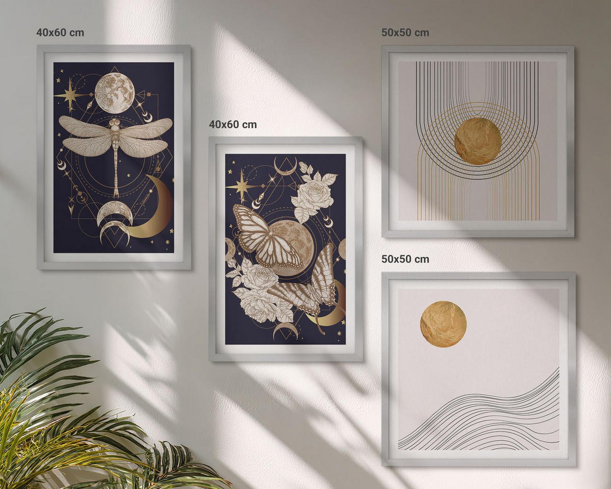 BILDER SET 4er Set - 50x50 cm & 40x60 cm Silberner Rahmen - Naturmotive mit dem Mond - Silberfarben, Kunststoff (50/50cm) - TULUP