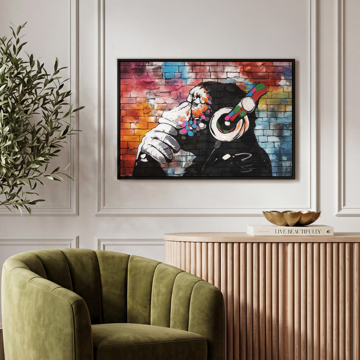 LEINWAND Bilder mit Rahmen - Affe - Graffiti - Musik - 60x40 - Multicolor, Textil (60/40cm) - MuchoWow
