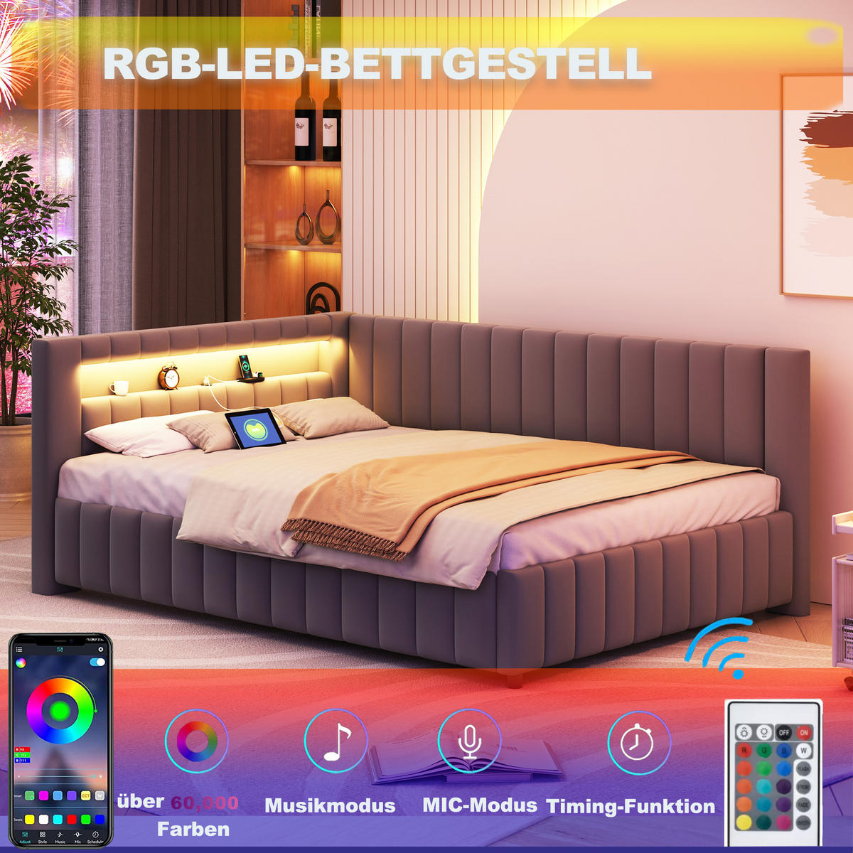 POLSTERBETT 140x200 cm LED USB grau - Grau, Textil (140/200cm) - LEBENLANG