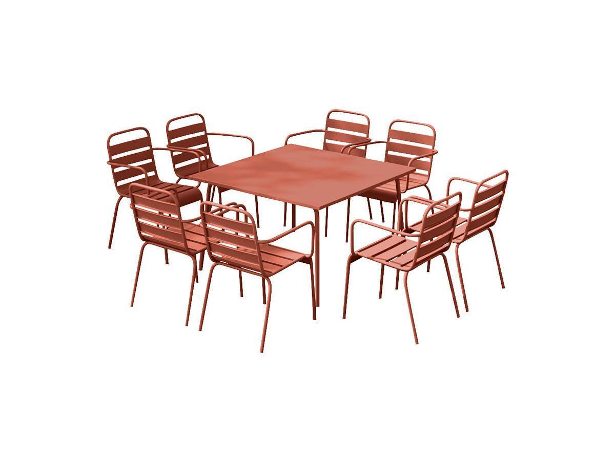 GARTEN-ESSGRUPPE: Tisch L. 120 cm + 8 stapelbare Sessel - Metall - Terracotta - MIRMANDE von MYLIA - Braun, Metall - Vente-Unique