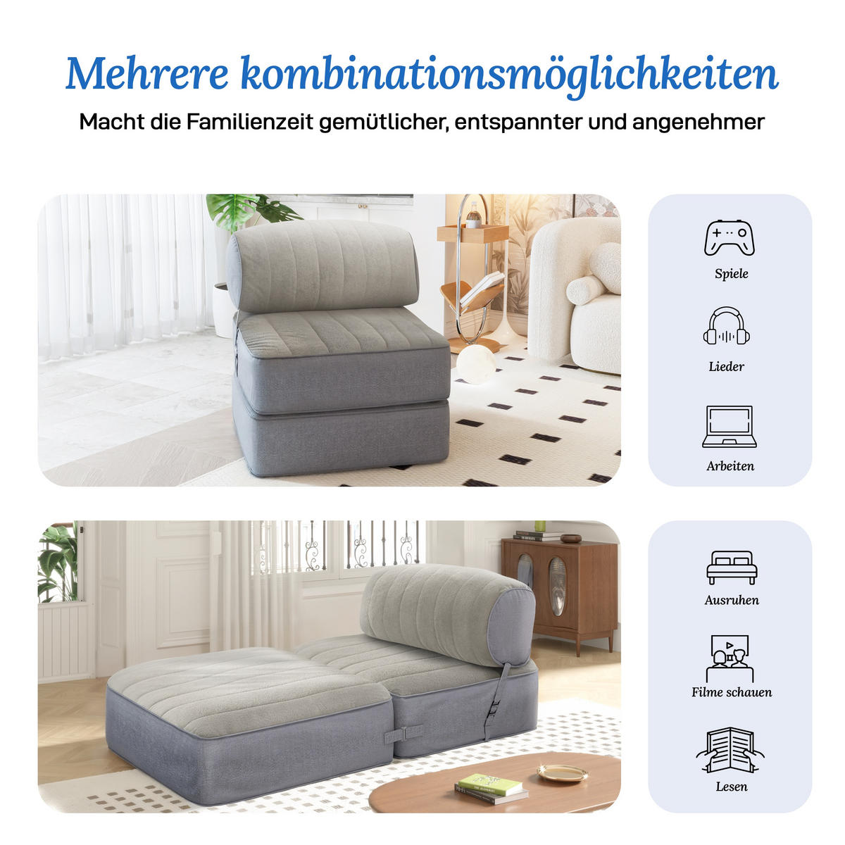 SITZSACK Faltbar Modular Samt grau - Multicolor, Textil (76/82/76cm) - Vercart