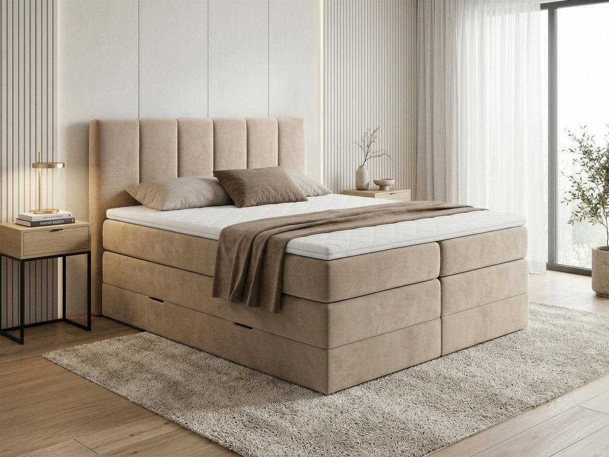 BOXSPRINGBETT Star Max - 160x200 - beige (Paros 05, Velours) - Beige/Schwarz, Holz/Holzwerkstoff (160/200cm) - Sofnet