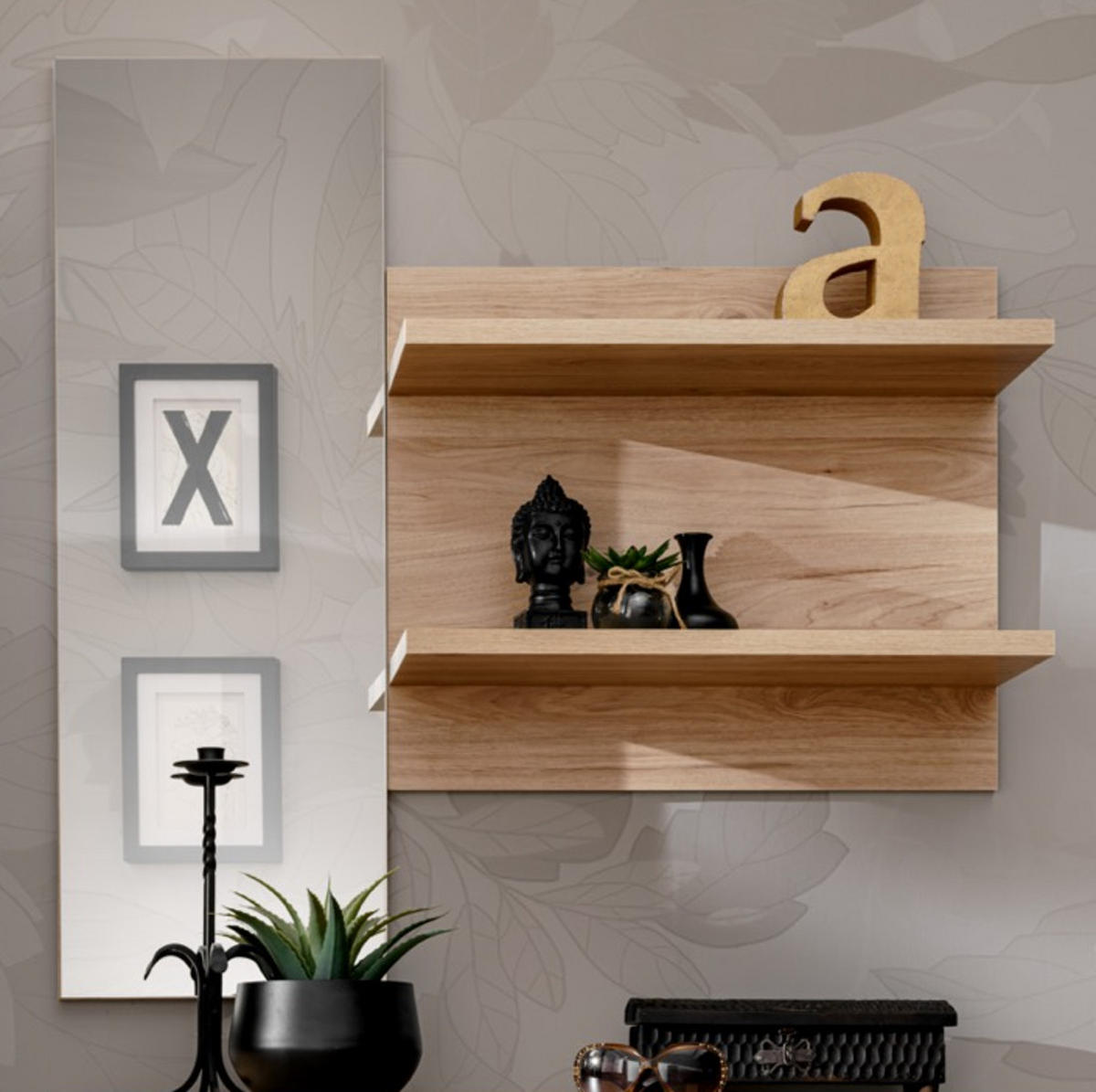 WANDSPIEGEL Eiche Jackson quadratisch 90 x 90 cm, Flurspiegel mit Ablage - Eichefarben, Glas/Holzwerkstoff (90/90/28cm) - Furn.Design