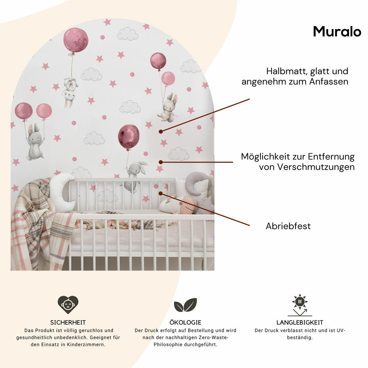 STICKER SET Häschen Ballons Sterne Wolken Punkte 120x60 - Rosa/Weiß, Papier (120/60/1cm) - Muralo