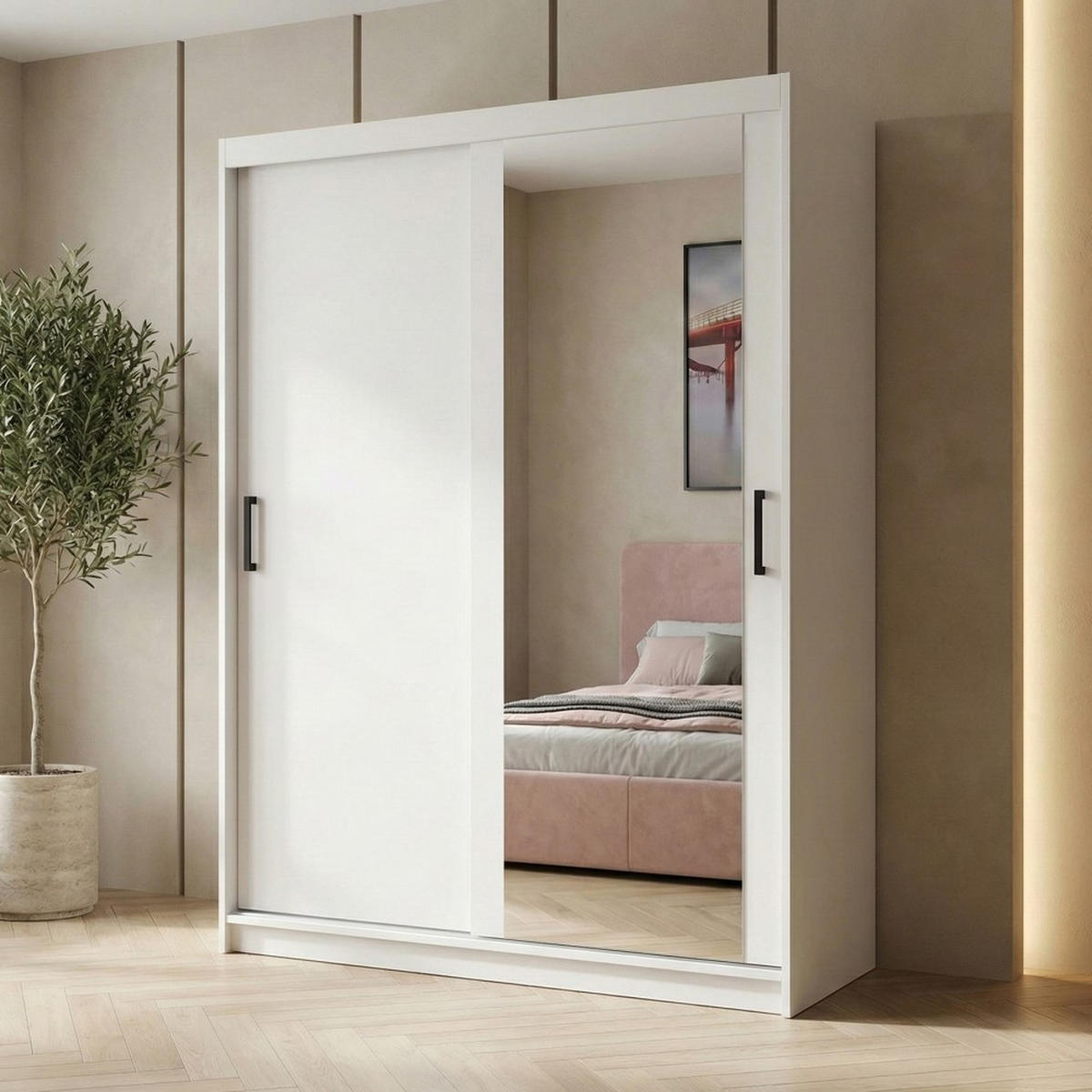 SCHWEBETÜRENSCHRANK Hela 120/205/60 2-türig weiß mit Spiegel - Weiß, Holzwerkstoff (120/205/60cm) - Beautysofa