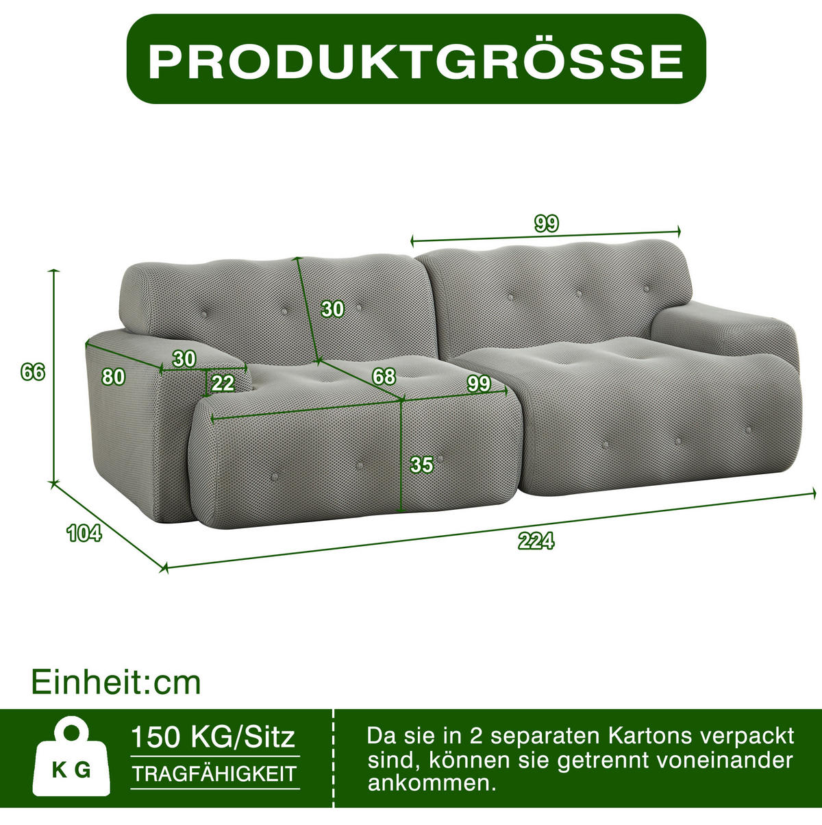 2-SITZER 224/104/66 cm grau aus Gewebe montagefrei - Grau, Textil (104/66/224cm) - OKMYHOME