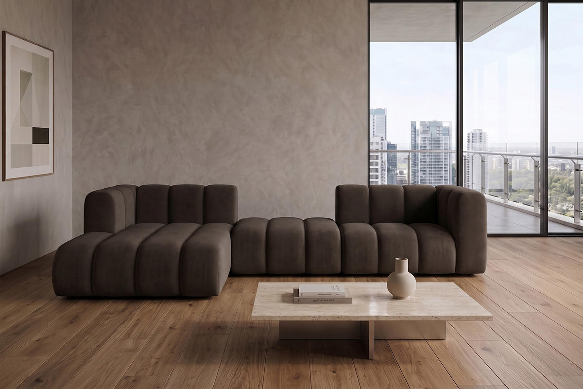 ECKSOFA Modulares In L-Form, Velvet-Stoff Riviera, Braun, Links, GRAND 319 cm - Braun, Holz (319/175cm) - Kaiser Möbel