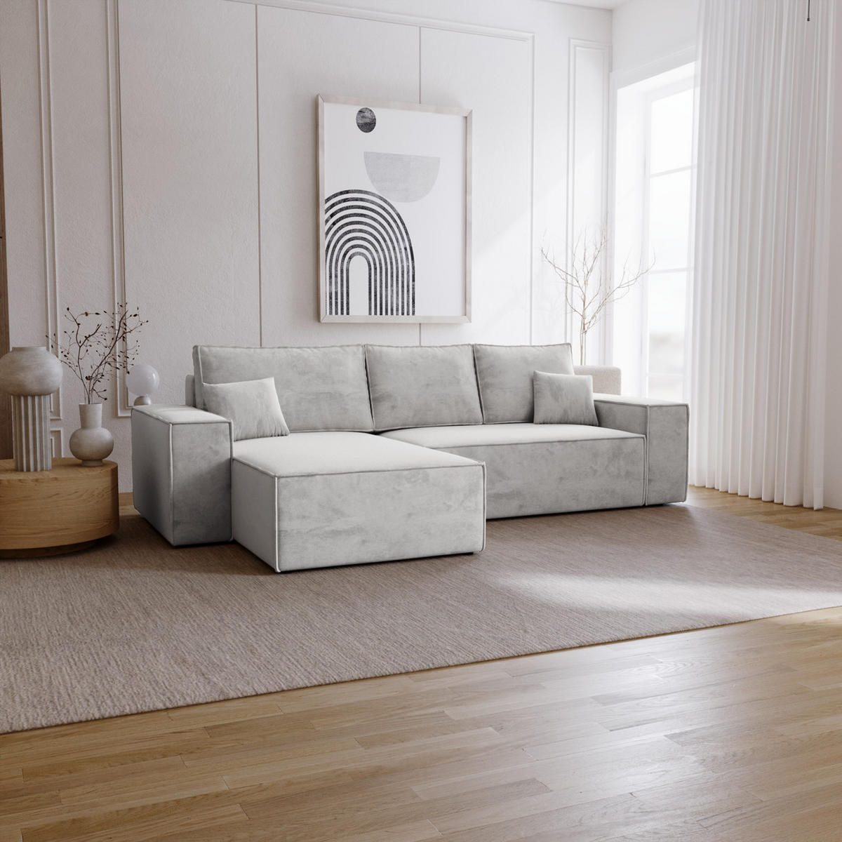 ECKSOFA mit Schlaffunktion Bergamo L 280 cm, Samt, Links - Hellgrau - Hellgrau, Holz (277/189cm) - Emporius