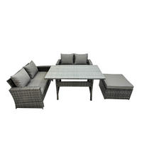 GARTENMÖBELSET mit 2-Sitzer Sofa,Esstisch,Hocker,Beistelltisch Polyrattan Dunkelgrau 5-Sitzer - Dunkelgrau/Grau, Glas/Kunststoff - Fimous