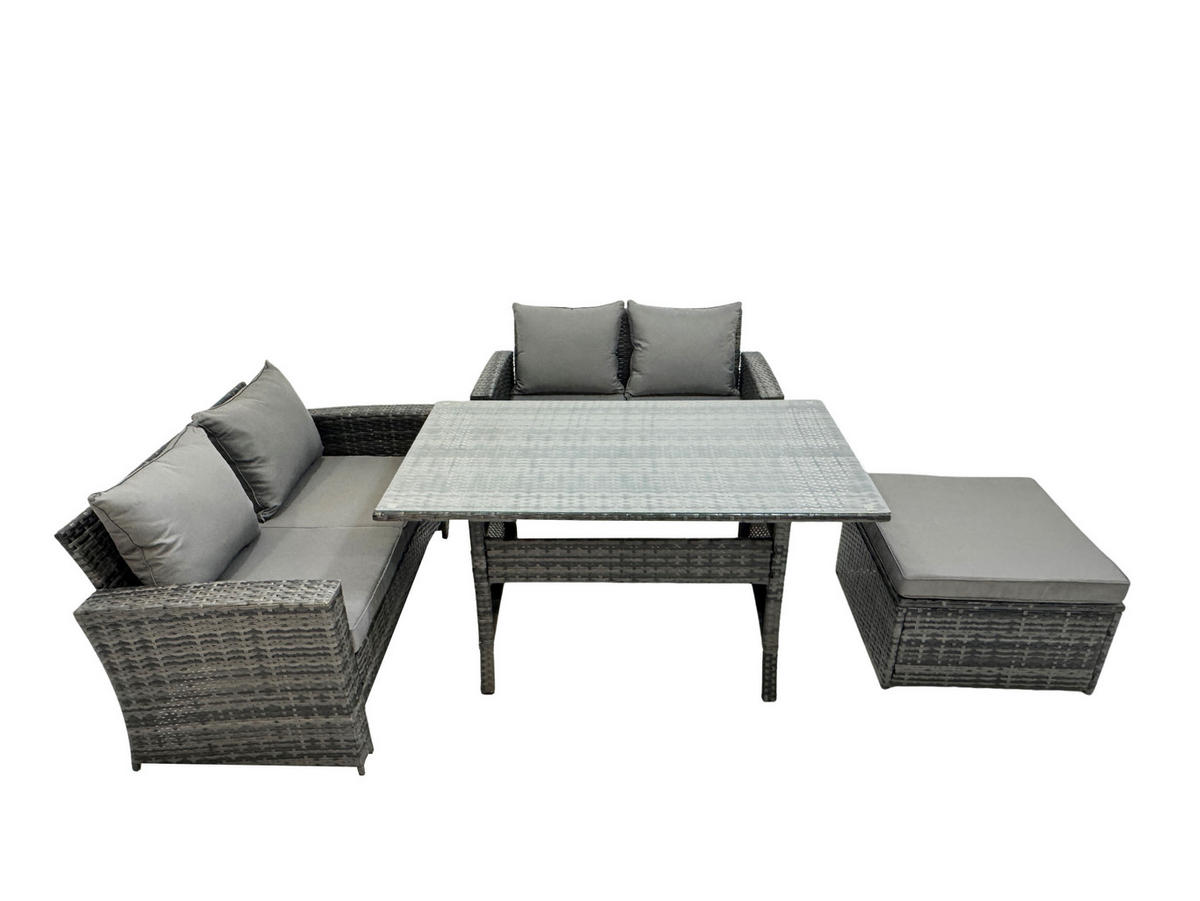 GARTENMÖBELSET mit 2-Sitzer Sofa,Esstisch,Hocker,Beistelltisch Polyrattan Dunkelgrau 5-Sitzer - Dunkelgrau/Grau, Glas/Kunststoff - Fimous