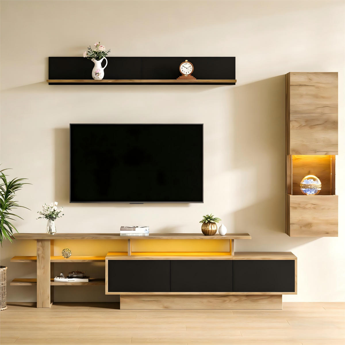 TV-ELEMENT 180/40/45 cm Natur + Schwarz mit LED Beleuchtung und 3 Schublade (3 Stück) - Schwarz, Holz (180/45/40cm) - Oxeza