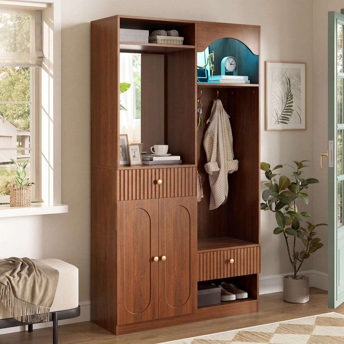 GARDEROBE-SET in Walnussfarben Flurmöbel Set mit Spiegel und Sitzbank für Flur, B100/T35/H180cm - Walnussfarben, Holzwerkstoff (100/180/35cm) - STILVORA