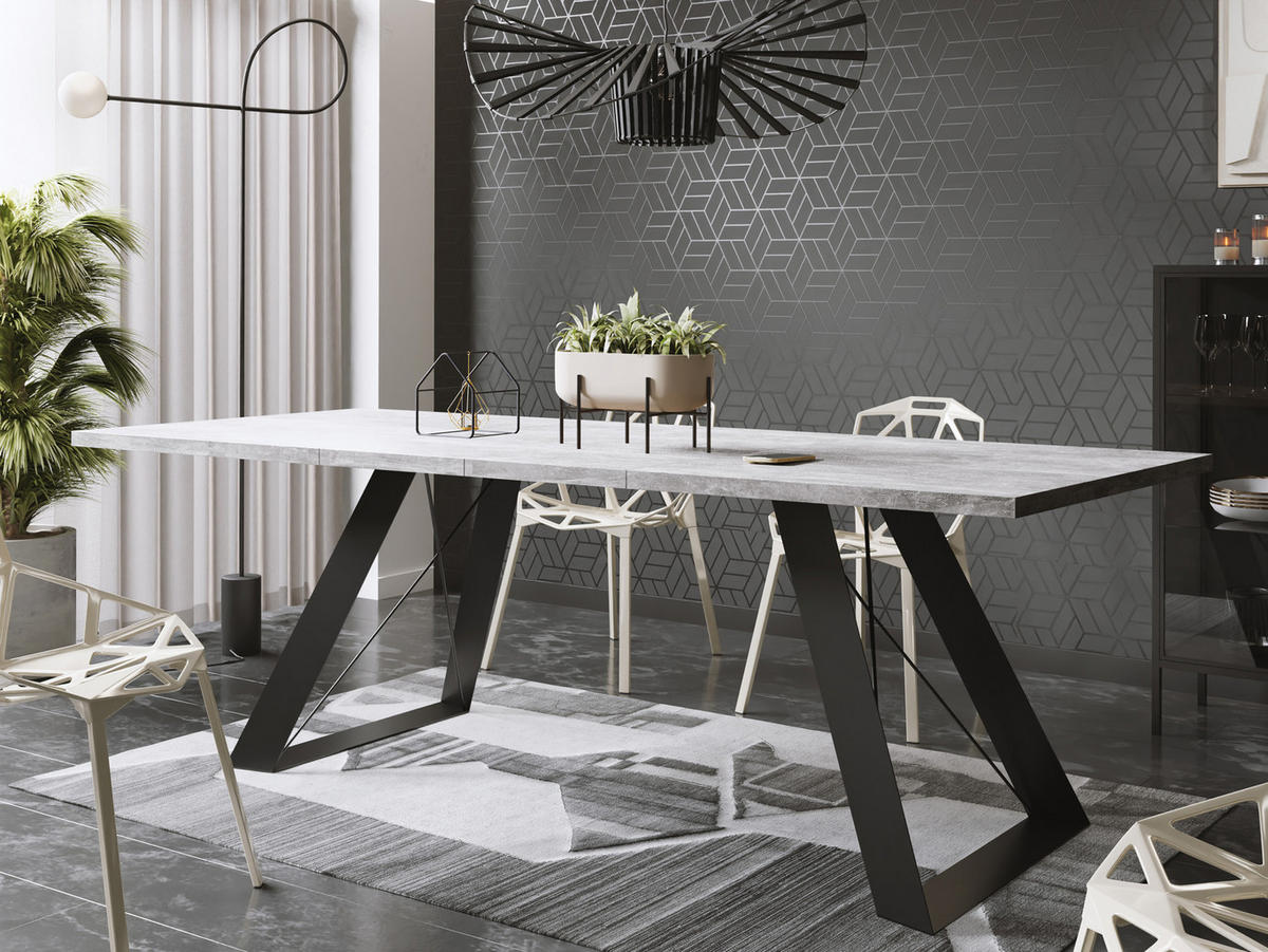 ESSTISCH Colter rechteckig ausziehbar, Grauer Beton 140-240/80/76 cm - Hellgrau/Schwarz, Holzwerkstoff/Metall (140/80/76cm) - WFL GROUP
