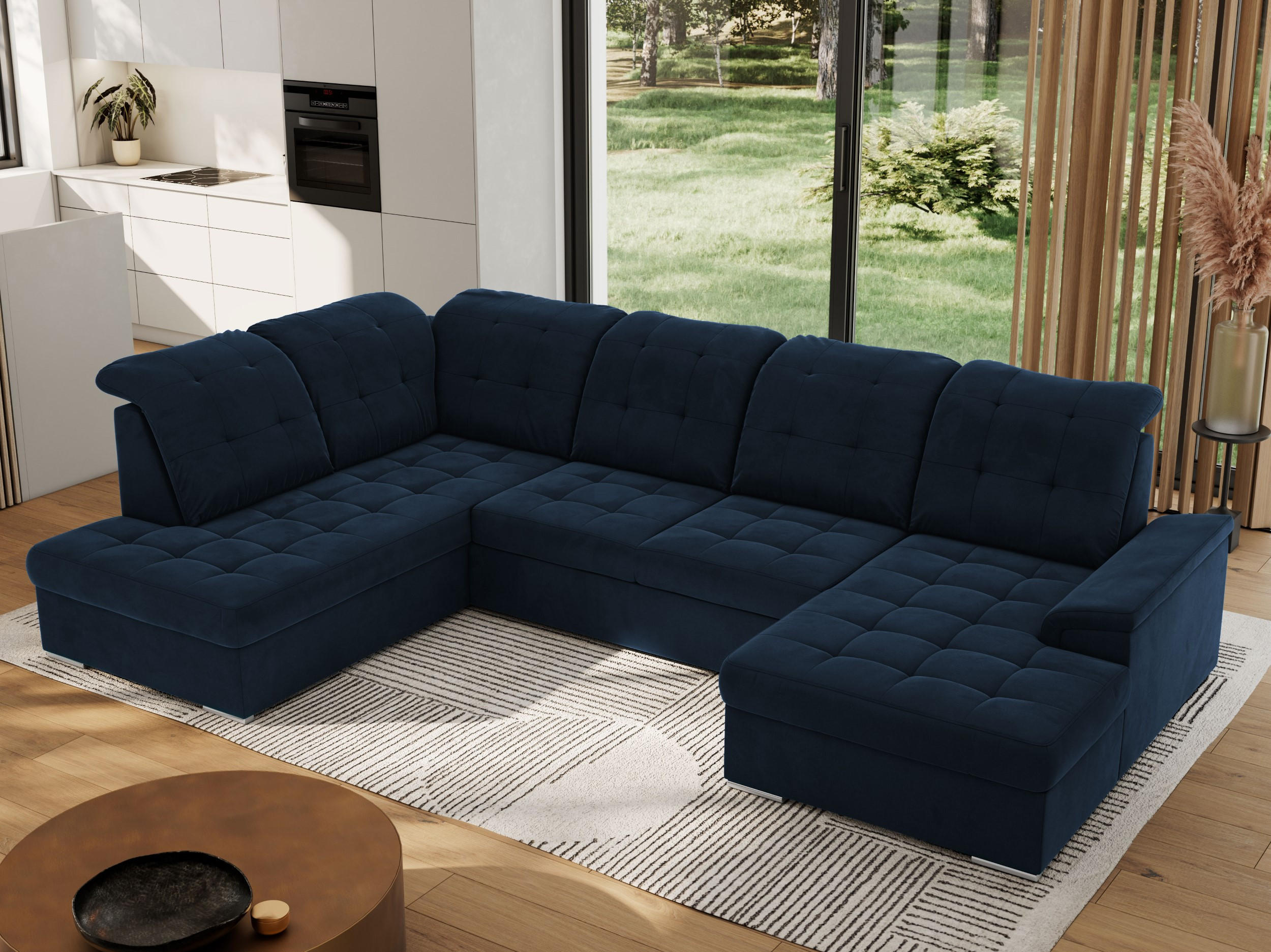 WOHNLANDSCHAFT MADRITO U - Dunkelblau Velorus - Links - Silberfarben/Dunkelblau, Textil/Metall (204/89/323cm) - MKS