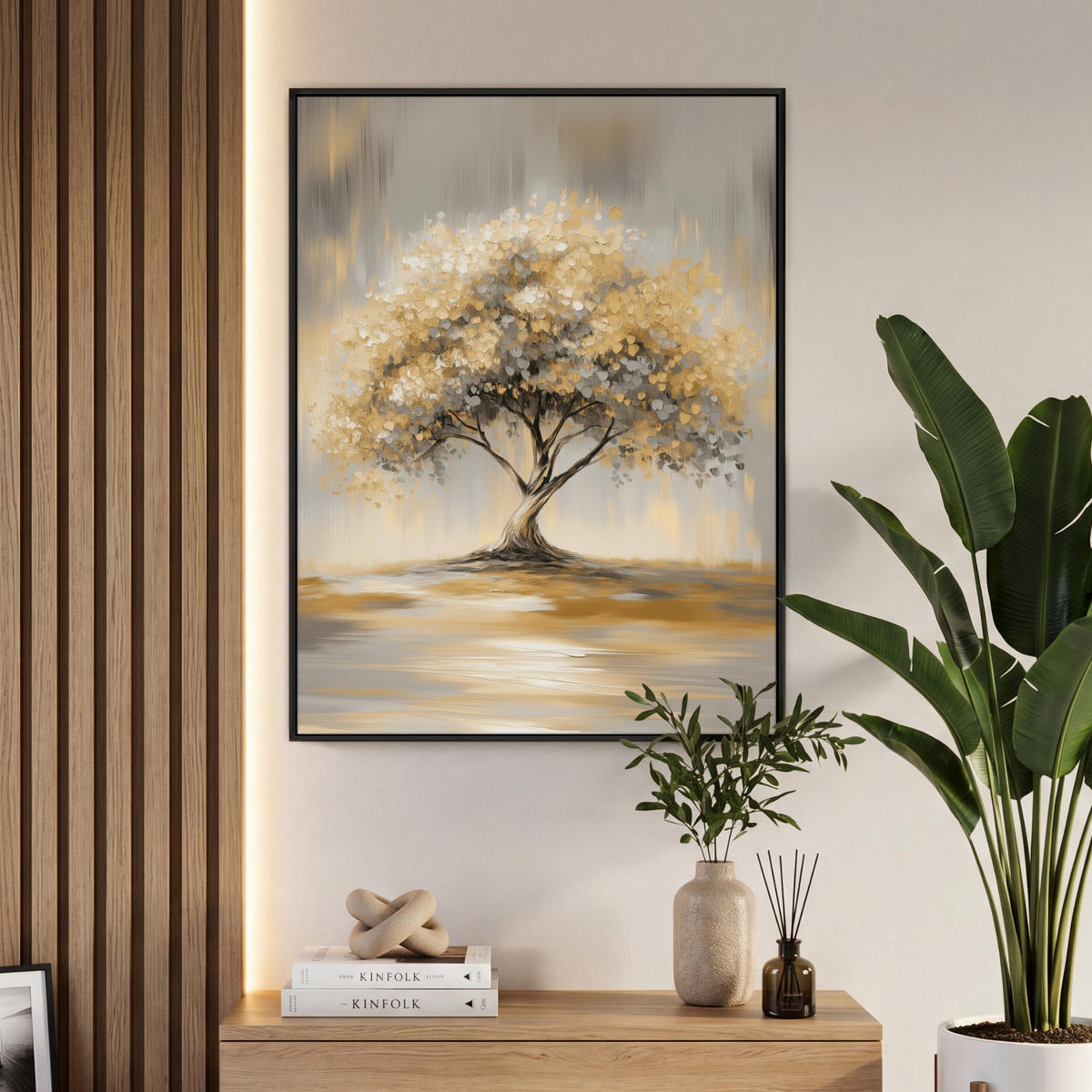 LEINWAND Bilder mit Rahmen - Gemälde - Baum - Abstrakt - Blätter - 70x100 - Beige, Textil (70/100cm) - MuchoWow