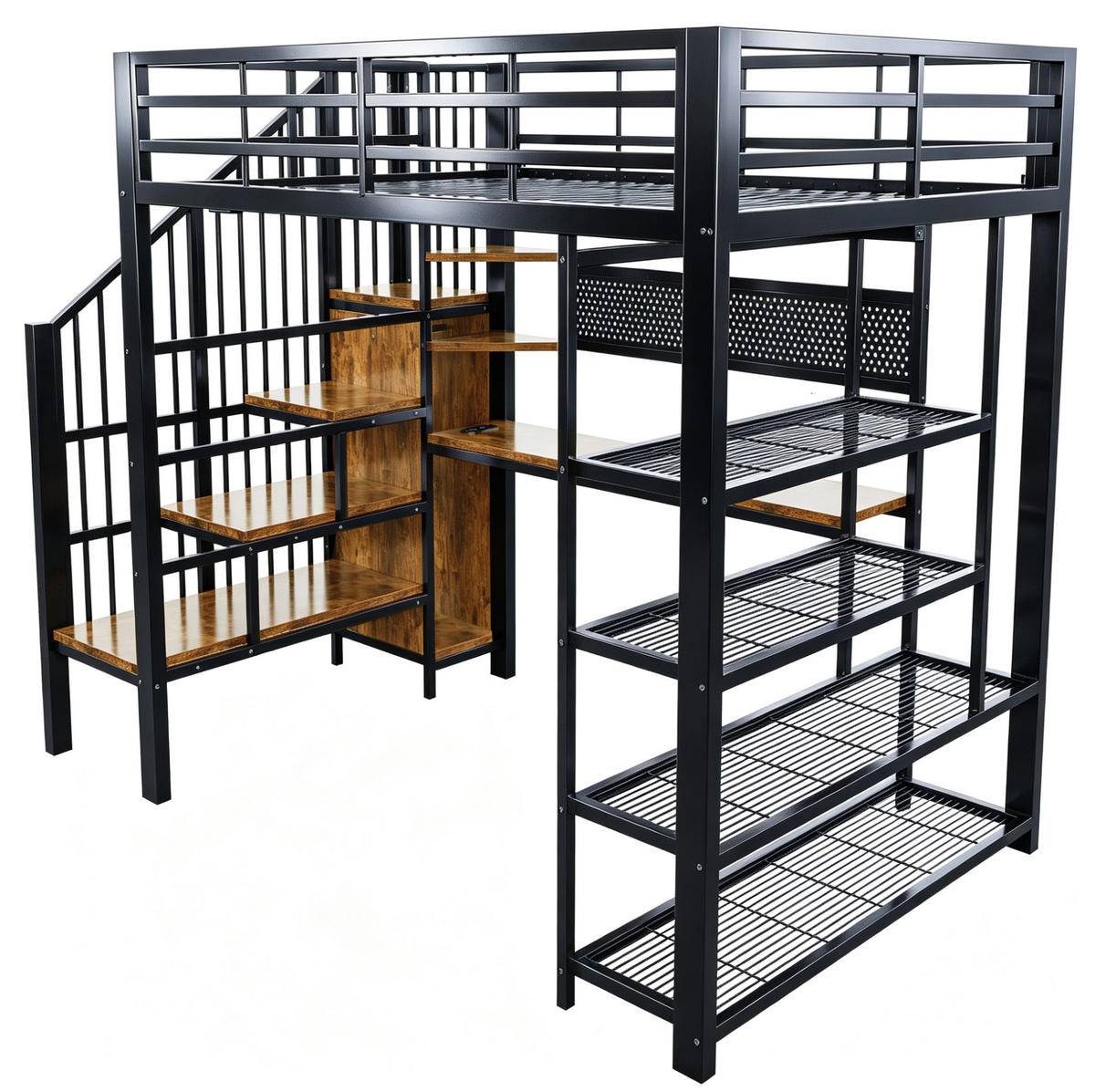 MULTIFUNKTIONS-HOCHBETT 140x200 cm in Schwarz mit Stauraumtreppe, LED und Steckdose - Schwarz, Metall (140/200cm) - IVMEU