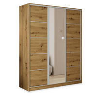 SCHWEBETÜRENSCHRANK PINA 150/205/58 cm 3-türig mit Spiegel und Schubladen Eiche Artisan - Silberfarben/Eiche Artisan, Holzwerkstoff (150/205/58cm) - MASSENO
