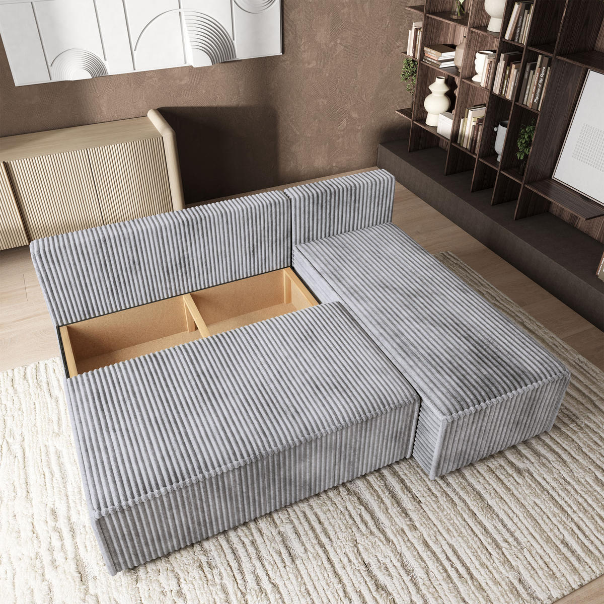 ROHOVÁ SEDAČKA BRISO světle šedá - šedá/světle šedá, dřevo/textil (200/140cm) - MASSENO