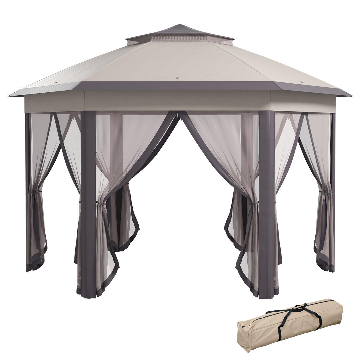 FALTPAVILLON, Weiß, Metall, Polyesterstoff, Mesh - Braun, Metall (405/285/405cm) - Outsunny