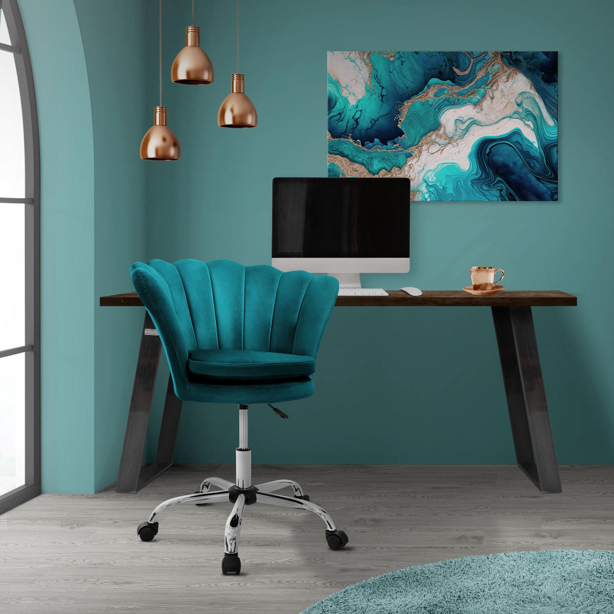 BÜROSTUHL Samt Petrol - Türkis, Metall (68/90/68cm) - ML-DESIGN