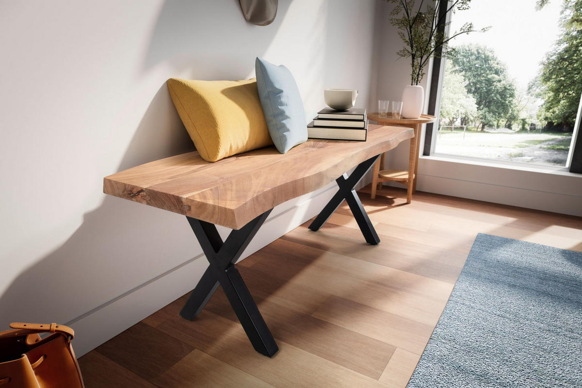 SITZBANK – Akazie/Massivholz/Metall, 120x40x45,5 cm, Baumkante, ohne Lehne - Schwarz/Braun, Holz/Metall (120/46/40cm) - KADIMA DESIGN