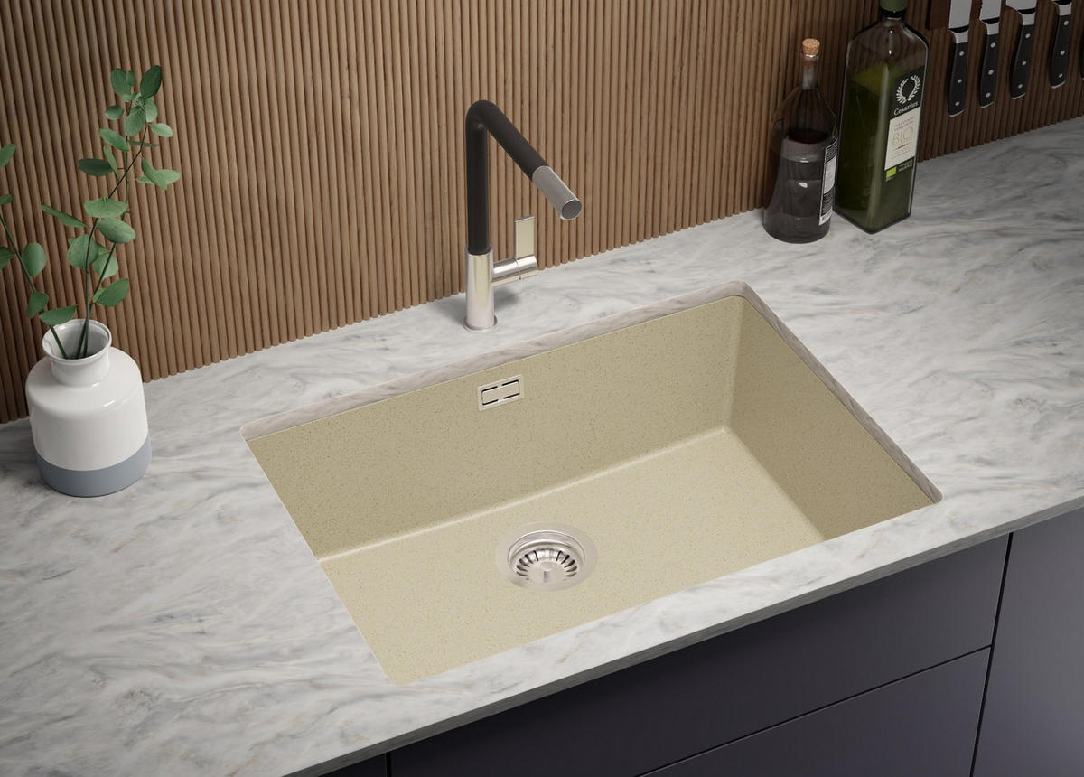 UNTERBAUSPÜLE GRANIT London, 2-er set Beige 66/47 cm 1 Becken + Küchenarmatur 40/20 cm + Ablauf-Set ab 70er Unterschrank - Chromfarben/Beige, Kunststoff (66/20/47cm) - Primagran