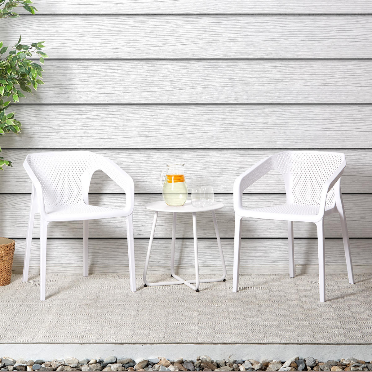 GARTENMÖBEL-SET 3-tlg. Kunststoff Weiß - Weiß, Kunststoff/Metall - Homestyle4u