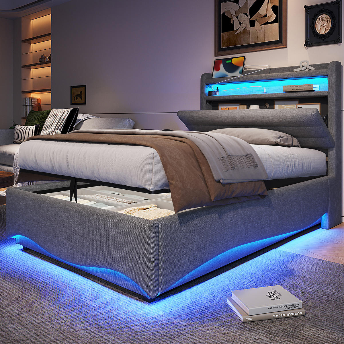 TAPECIRANI krevet 90/200 cm s LED osvjetljenjem, USB i Type-C priključcima te hidrauličnim spremištem, Siva - siva, tekstil (90/200cm) - Redom