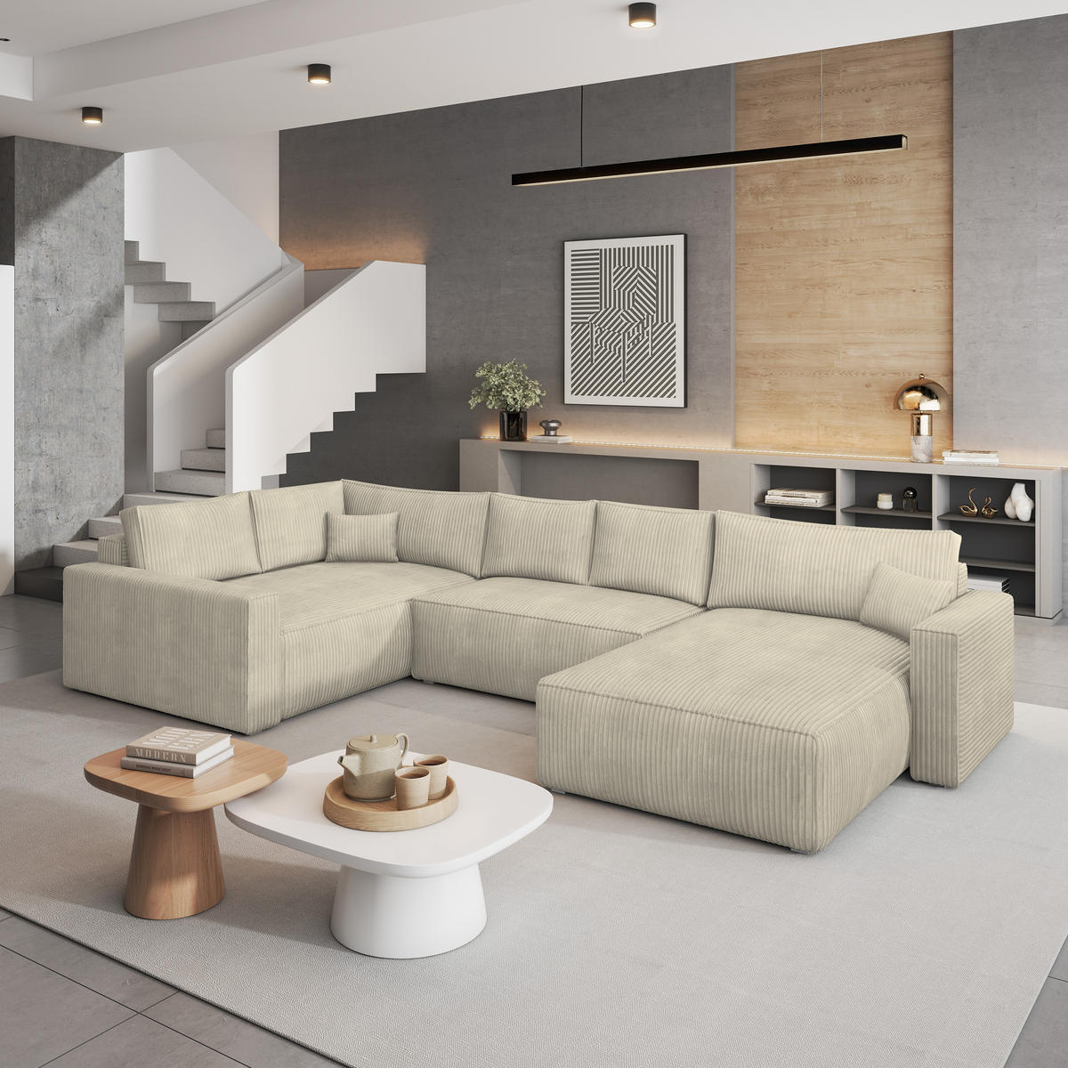 WOHNLANDSCHAFT VELAMI L-S Creme Kordstoff mit Schlaffunktion - Creme, Holz (365/83/194cm) - MASSENO