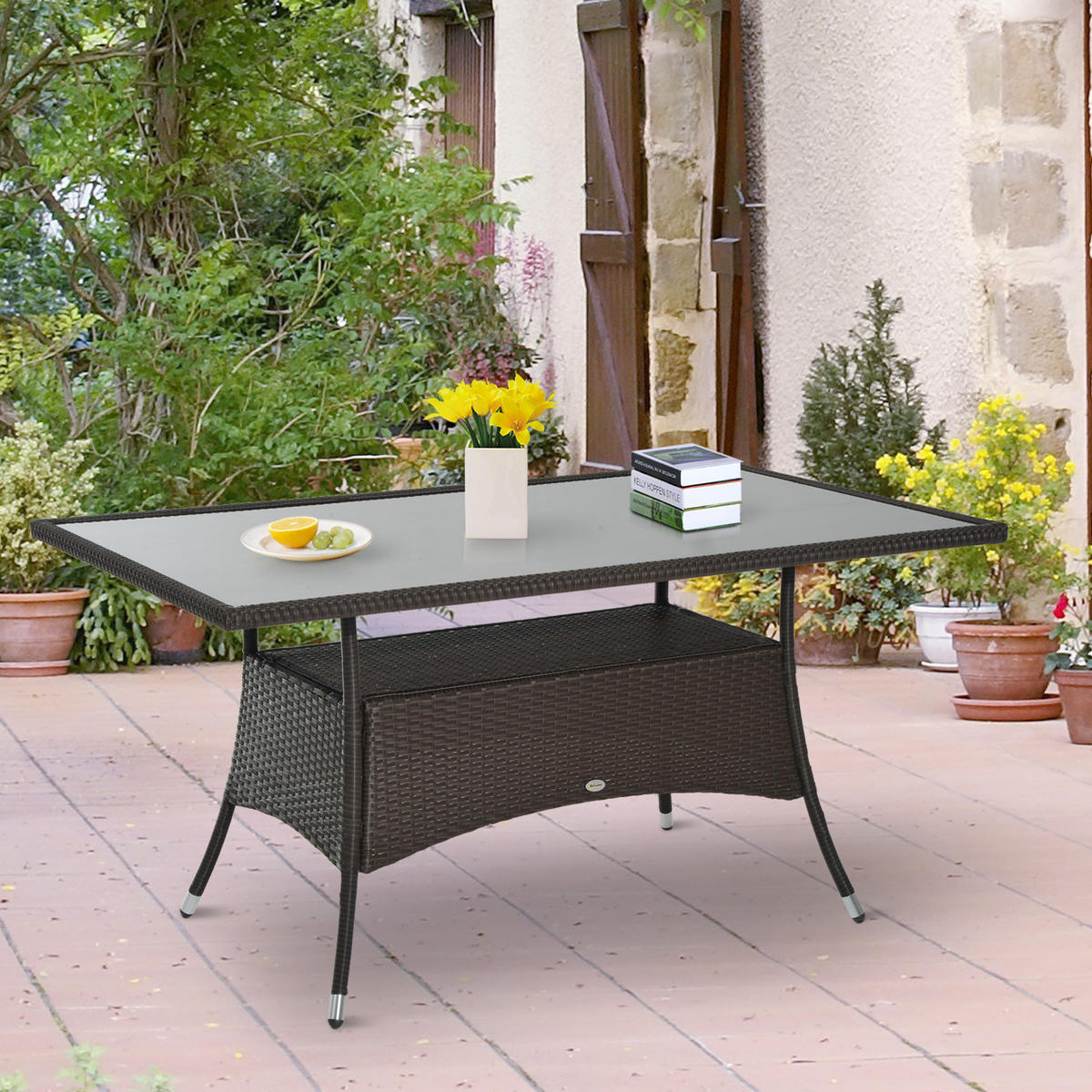 ESSTISCH, Braun + Schwarz, Metall, Sicherheitsglas, Polyrattan - Braun, Kunststoff (150/85/74cm) - Outsunny