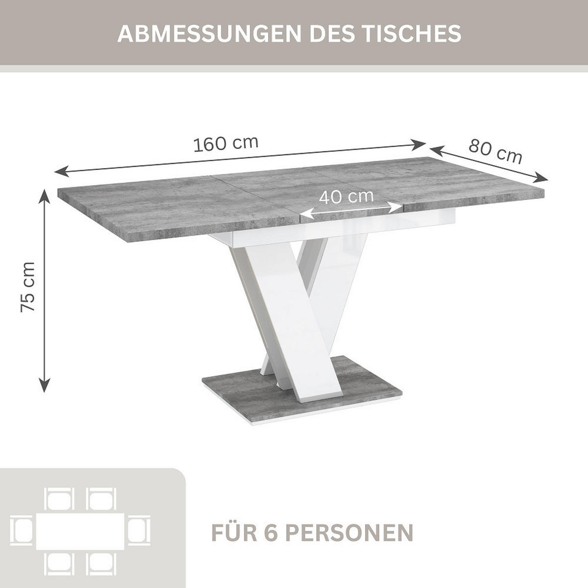ESSTISCH Grau Betonoptik und Weiß Ausziehbar 120 - 160 cm - Weiß/Grau, Holzwerkstoff (120/80/75cm) - PROSPERO