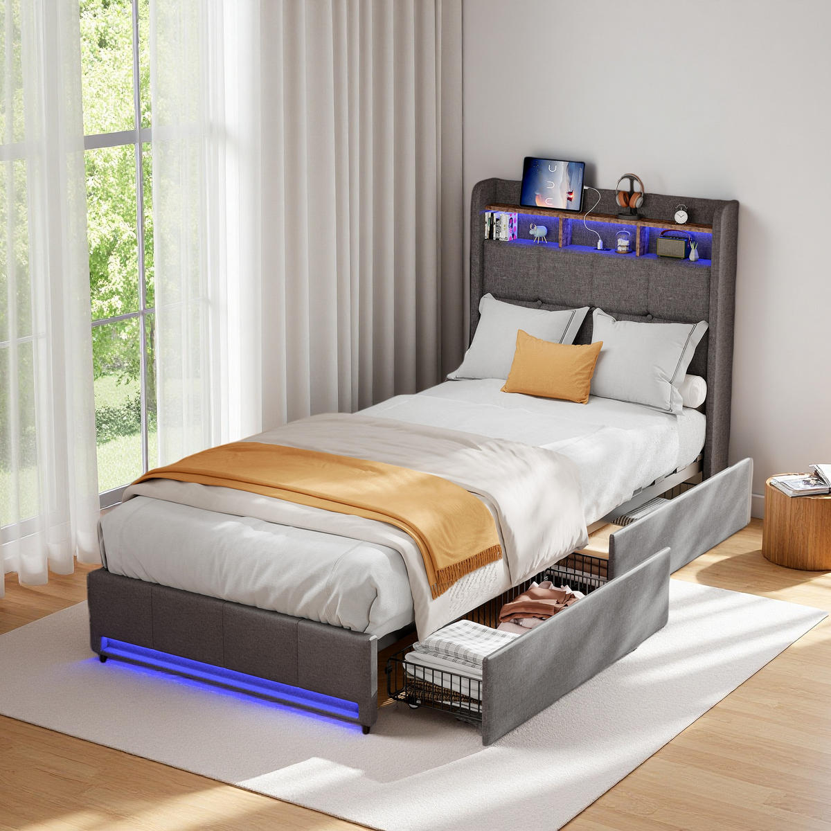 GASDRUCKBETT 90x200 cm, LED, USB/Type-C, Schubladen, Leinen, Grau - Grau, Metall - SHOPENTRA