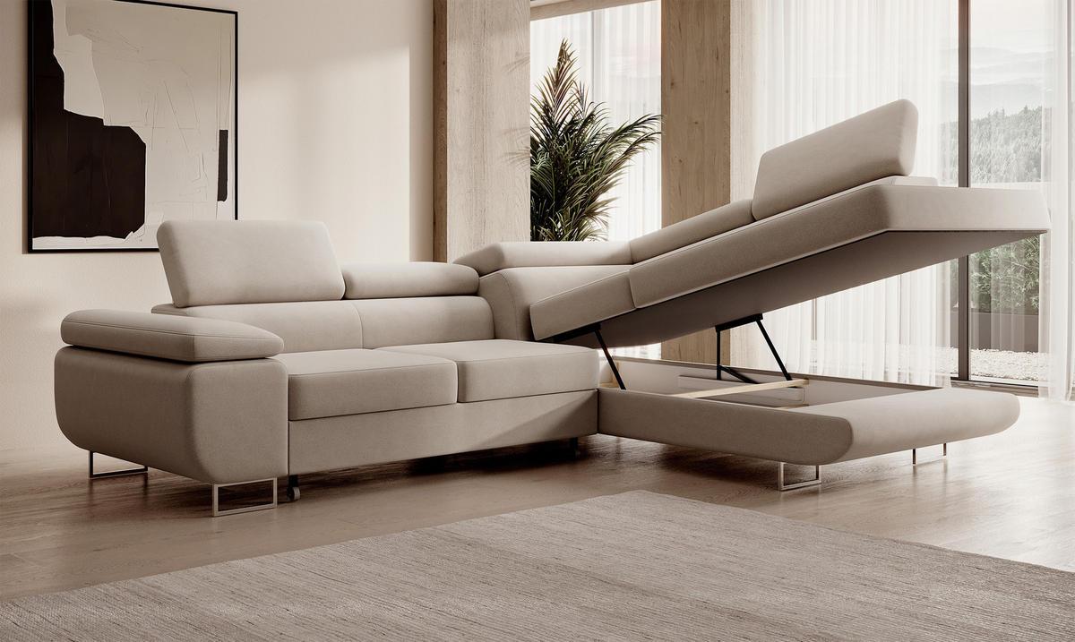 ECKSOFA Stevil Hellbeige Velours - Ecru/Silberfarben, Textil/Metall (275/203cm) - Selsey