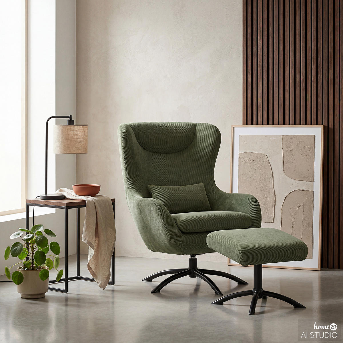 SESSEL mit Hocker - Cord - Schwarz/Olivgrün, Textil/Metall (75/106/86cm) - home24