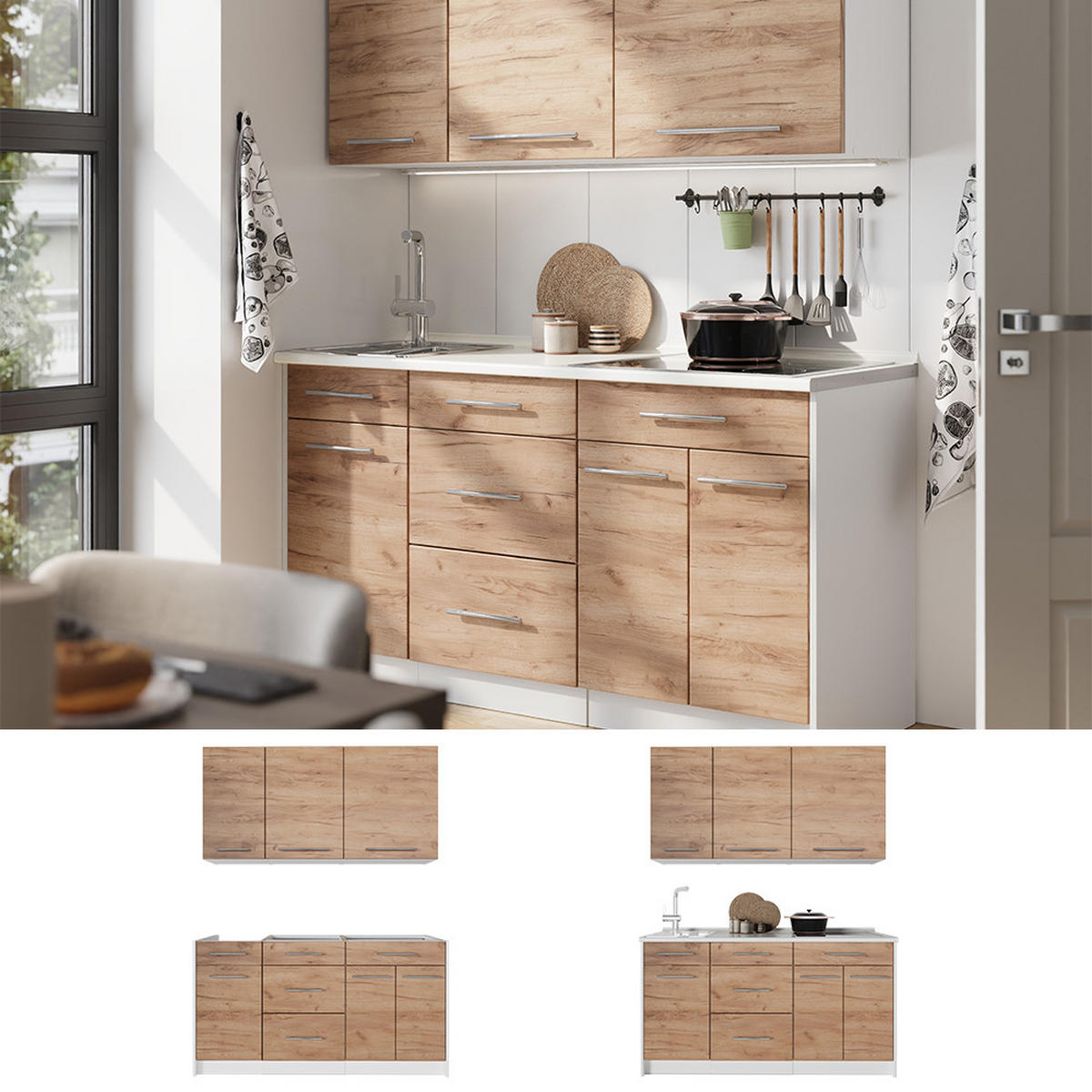 SINGLEKÜCHE Fame-Line, Goldkraft Eiche, 150 cm, AP Eiche - Honigeiche/Weiß, Holzwerkstoff (150/82/60cm) - Vicco