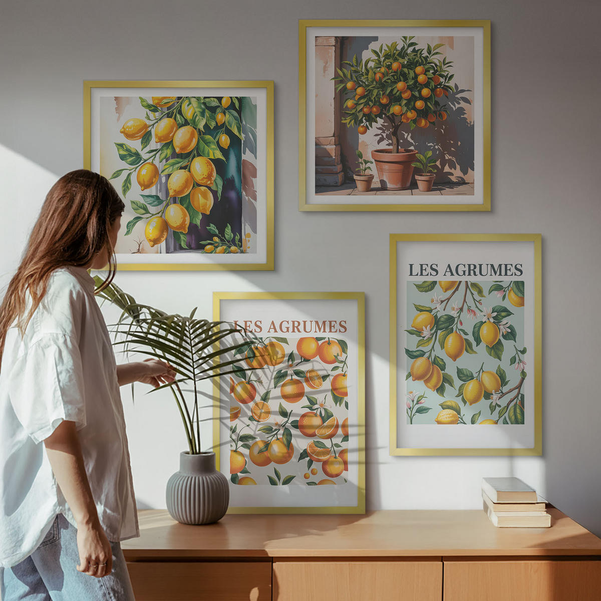 BILDER SET 4er Set - 50x50 cm & 40x60 cm Goldrahmen - Fruchtige Zitrusmuster - Goldfarben, Kunststoff (50/50cm) - TULUP