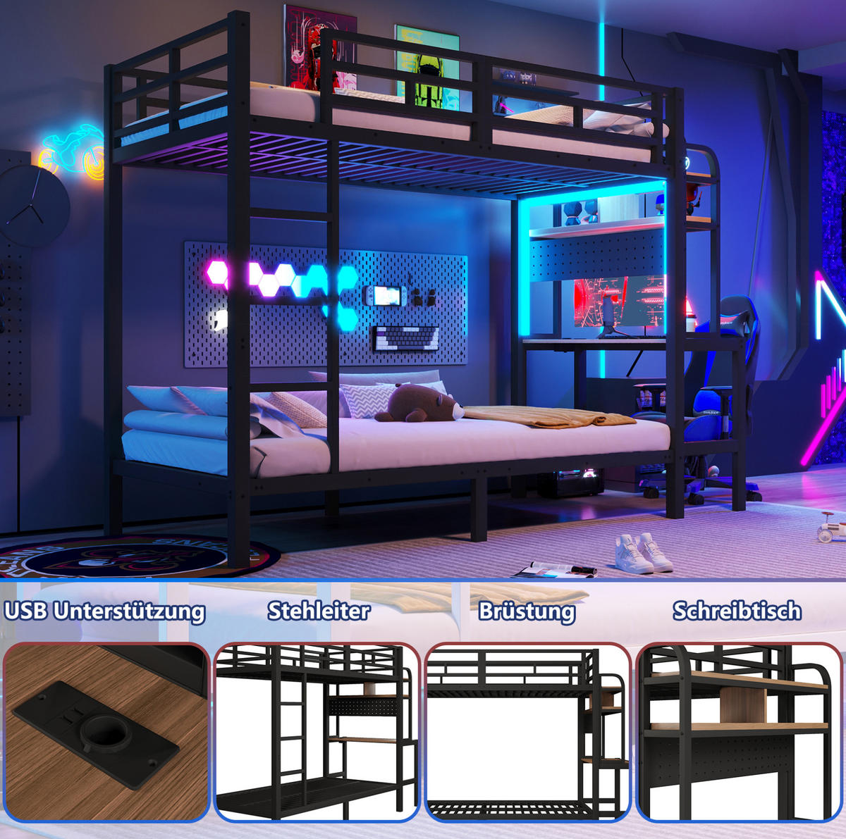 ETAGENBETT 90/200 cm mit LED-Lichtleiste, USB-Anschluss und Schreibtisch - Schwarz, Metall (90/200cm) - MIVRAY