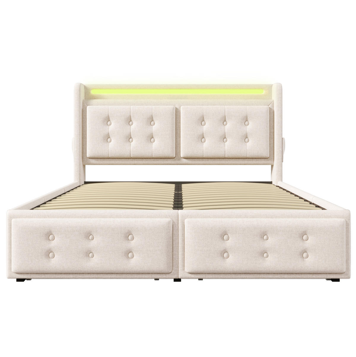 POLSTERBETT mit Matratze 160/200 cm mit LED, USB-C, Steckdosen, 4 Schubladen und Matratze, Baumwoll-Leinen, Beige - Beige, Textil (160/200cm) - Redom