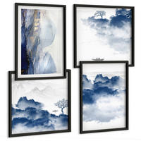 BILDER SET 4er Set - 50x50 cm & 40x60 cm Schwarzer Rahmen - Berge, Wolken, Bäume, Vögel im Hintergrund - Schwarz, Kunststoff (50/50cm) - TULUP