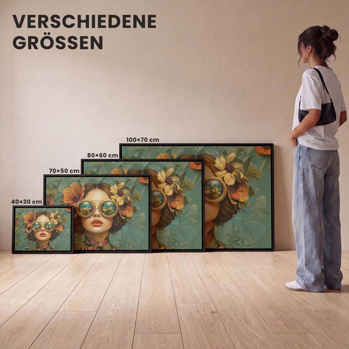 LEINWAND Bilder mit Rahmen - Frau - Blumen - Schmetterlinge - Natur - Vintage - 40x30 - Salbeigrün, Textil (40/30cm) - MuchoWow