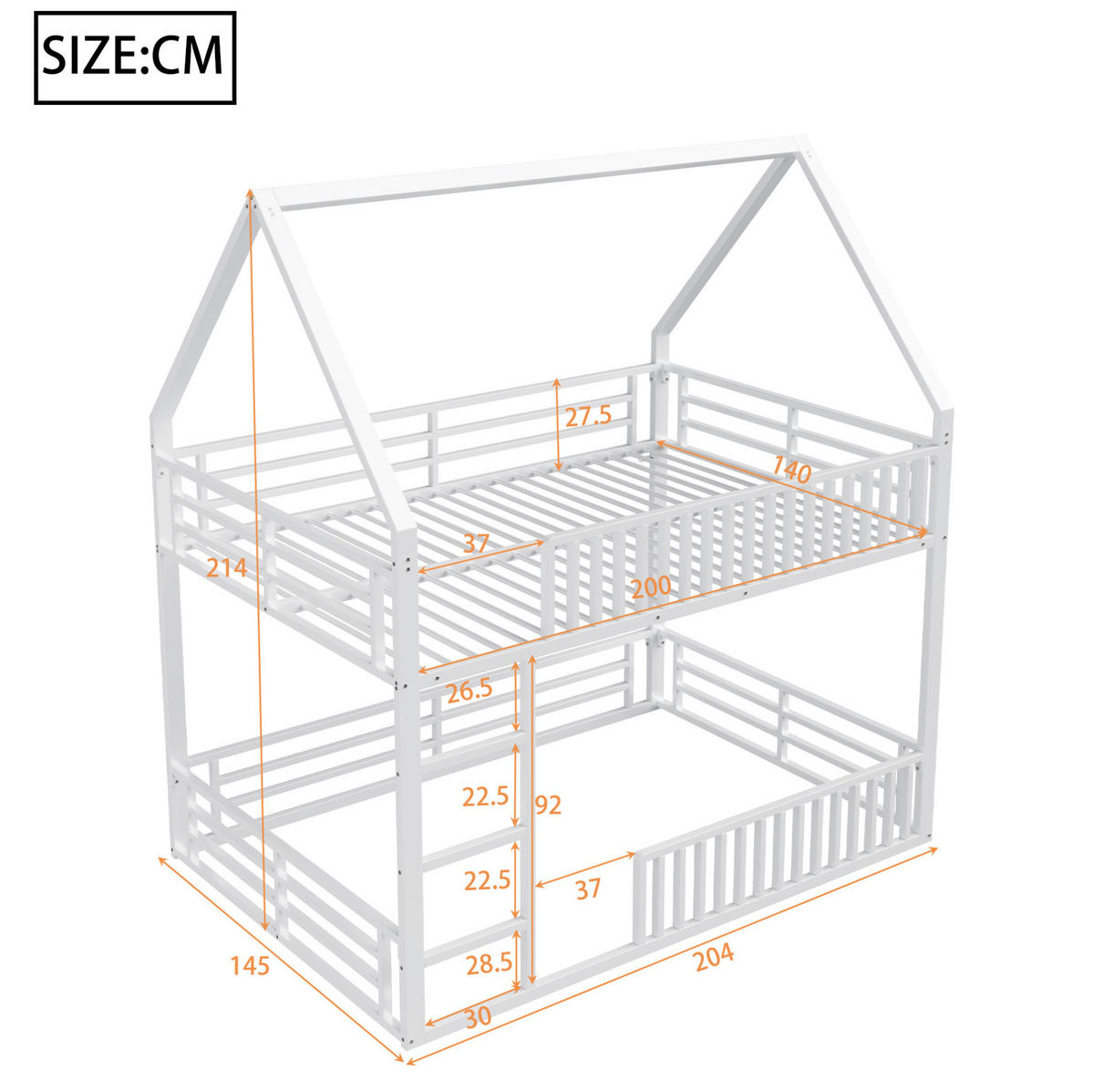 ETAGENBETT 140/200 cm aus Metall mit LED-Beleuchtung, Hausdesign und Schutzgeländer, Weiß - Weiß, Metall (140/200cm) - Redom